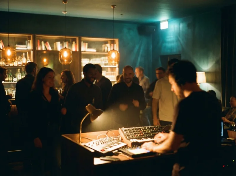 Electronic music genre art with neon light patterns and synth waves