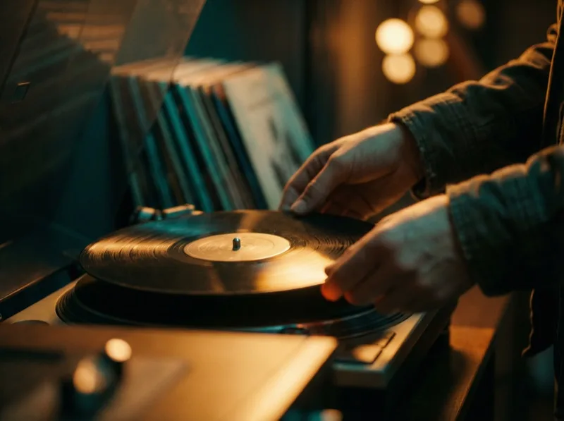 Music curation session with carefully arranged vinyl records and a turntable